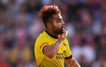 Mohammad Amir performs the ‘Pushpa’ celebrations during Gloucestershire’s match against Somerset Mohammed Amir celebrates
