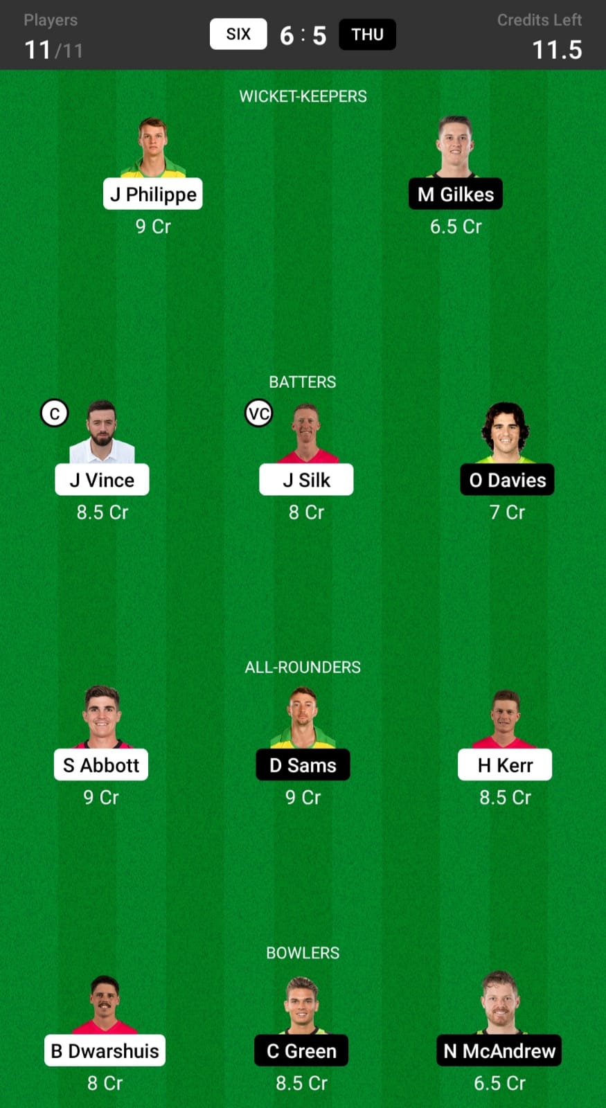 SIX vs THU Dream11 Prediction