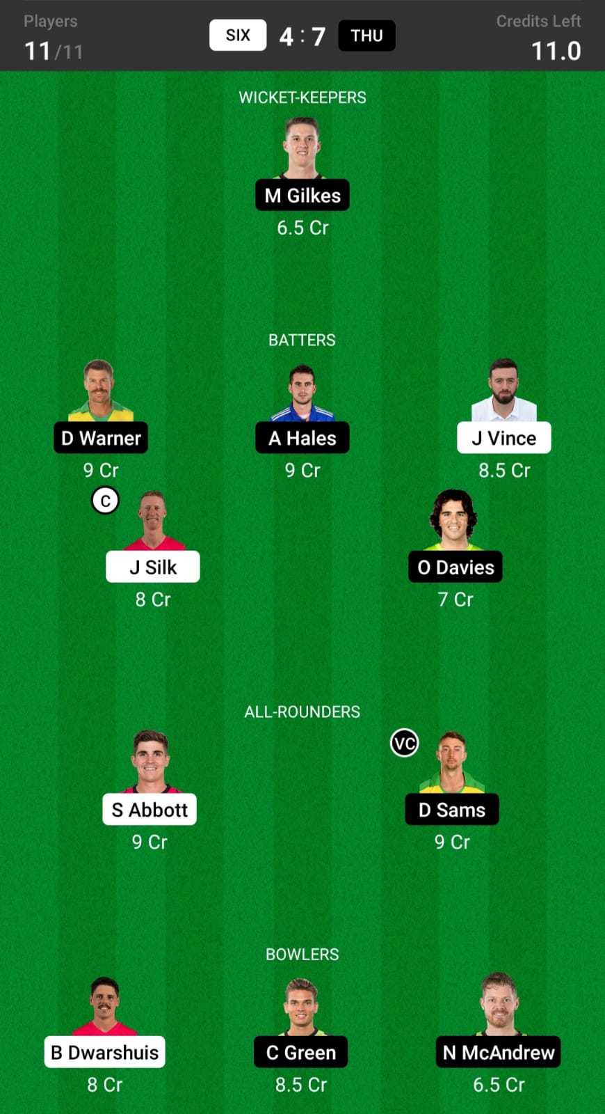 SIX vs THU Dream11 Prediction