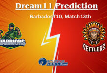 WAR vs SET Dream11 Prediction, Warriors vs Settlers Match Preview, Injury Update, Playing 11, Pitch Report, 13th Match of Barbados T10 Between Warriors vs Settlers WAR vs SET Dream11 Prediction