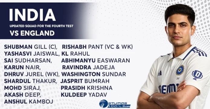 India Squad Update for 4th test of India Tour of England 2025
