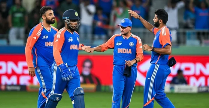 Team India celebrating Asia Cup 2025 victory with Tilak Varma and Kuldeep Yadav