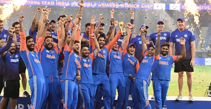Indian cricket team celebrating Asia Cup 2025 victory without the trophy after IND vs PAK final in Dubai