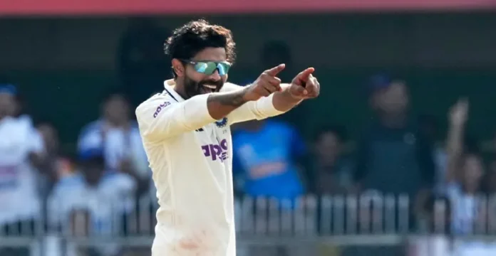 Ravindra Jadeja celebrates after reaching 200 Test wickets milestone.