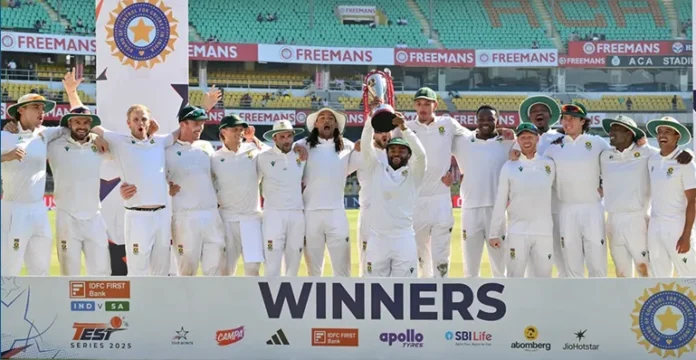 South Africa cricket team celebrating Test series win with trophy