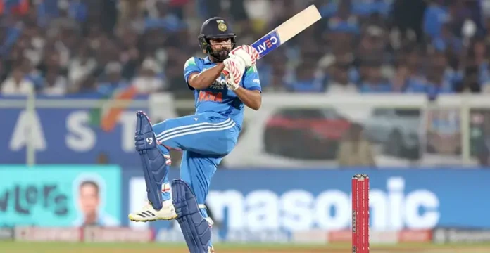 Rohit Sharma celebrating after surpassing Shahid Afridi’s ODI sixes record at Ranchi 2025