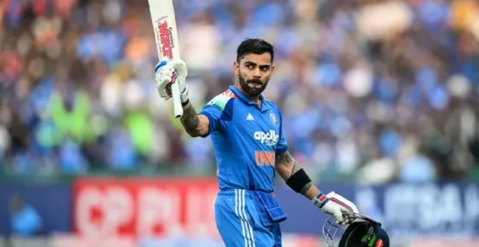 Virat Kohli celebrating after scoring a century in IND vs SA ODI 2025, showing passion and intensity.